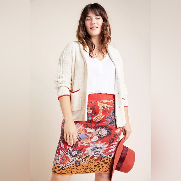 ANTHROPOLOGIE MAEVE Delphinia Knit Pencil Skirt Floral Leopard Red Medium - Picture 13 of 14